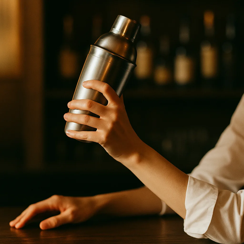 A sealed metal cocktail shaker held raised mid-shake, dry and unfrosted, with no condensation on the metal at all.