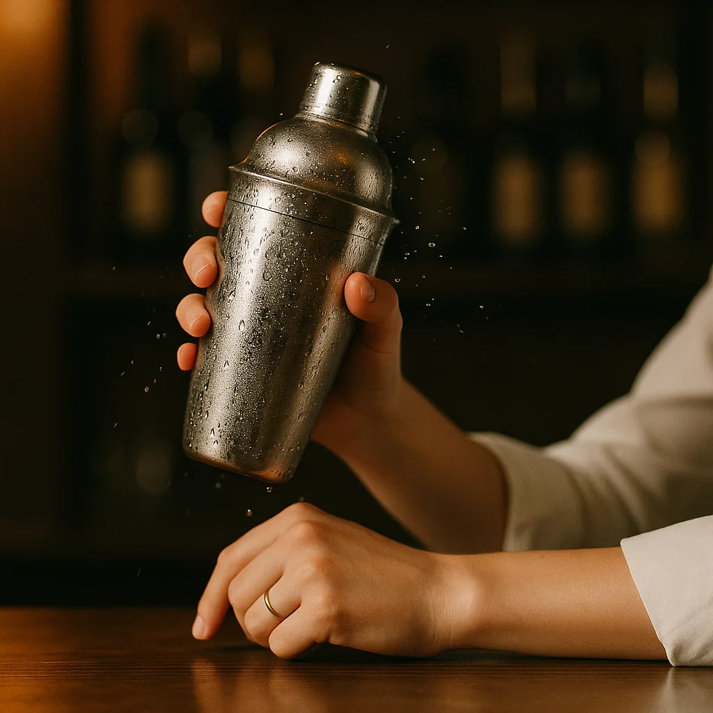 The same shaker held raised just after a second shake, now heavily frosted and beaded with condensation.