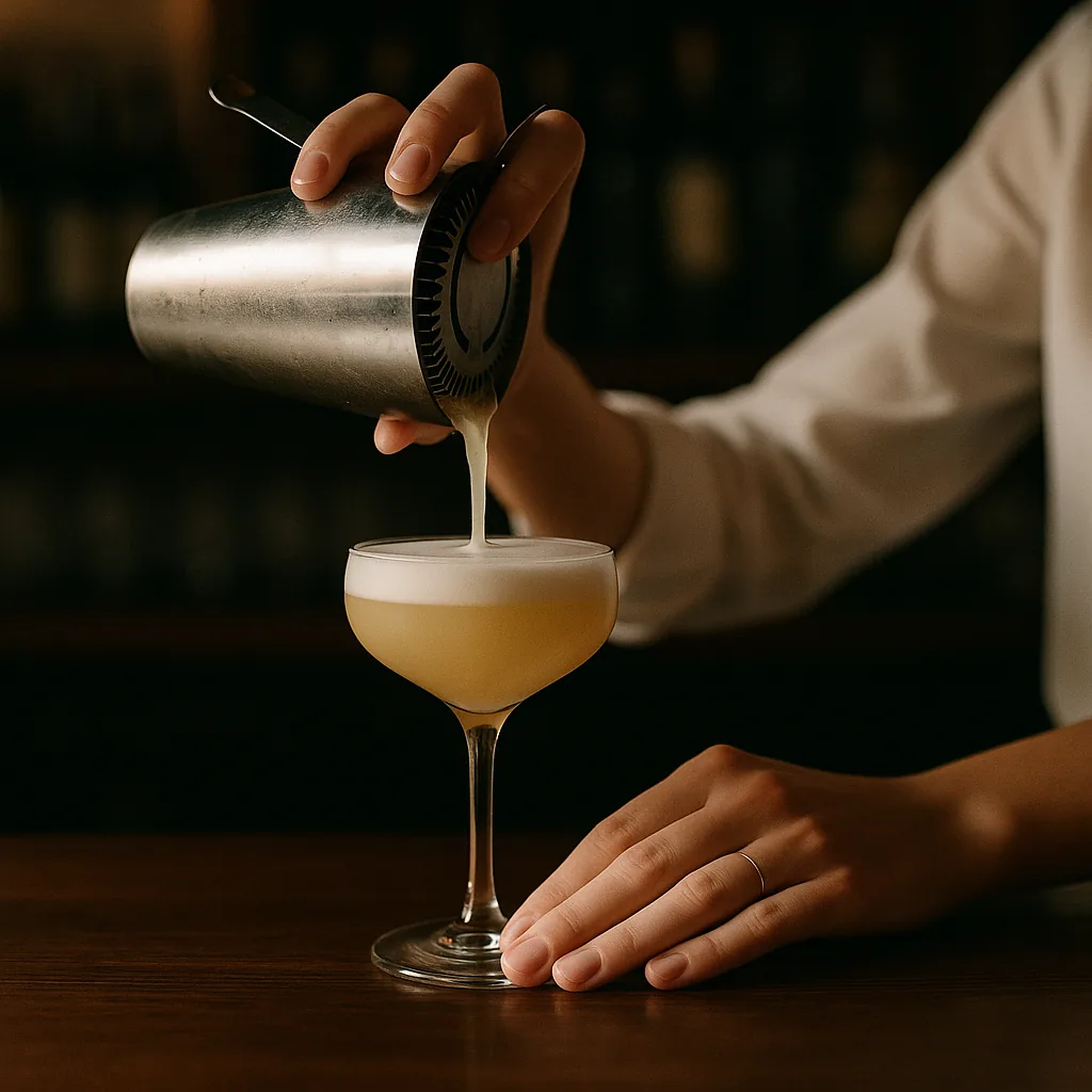 Straining a pale gold drink into a coupe, a dense white foam cap forming smooth and matte across the surface.