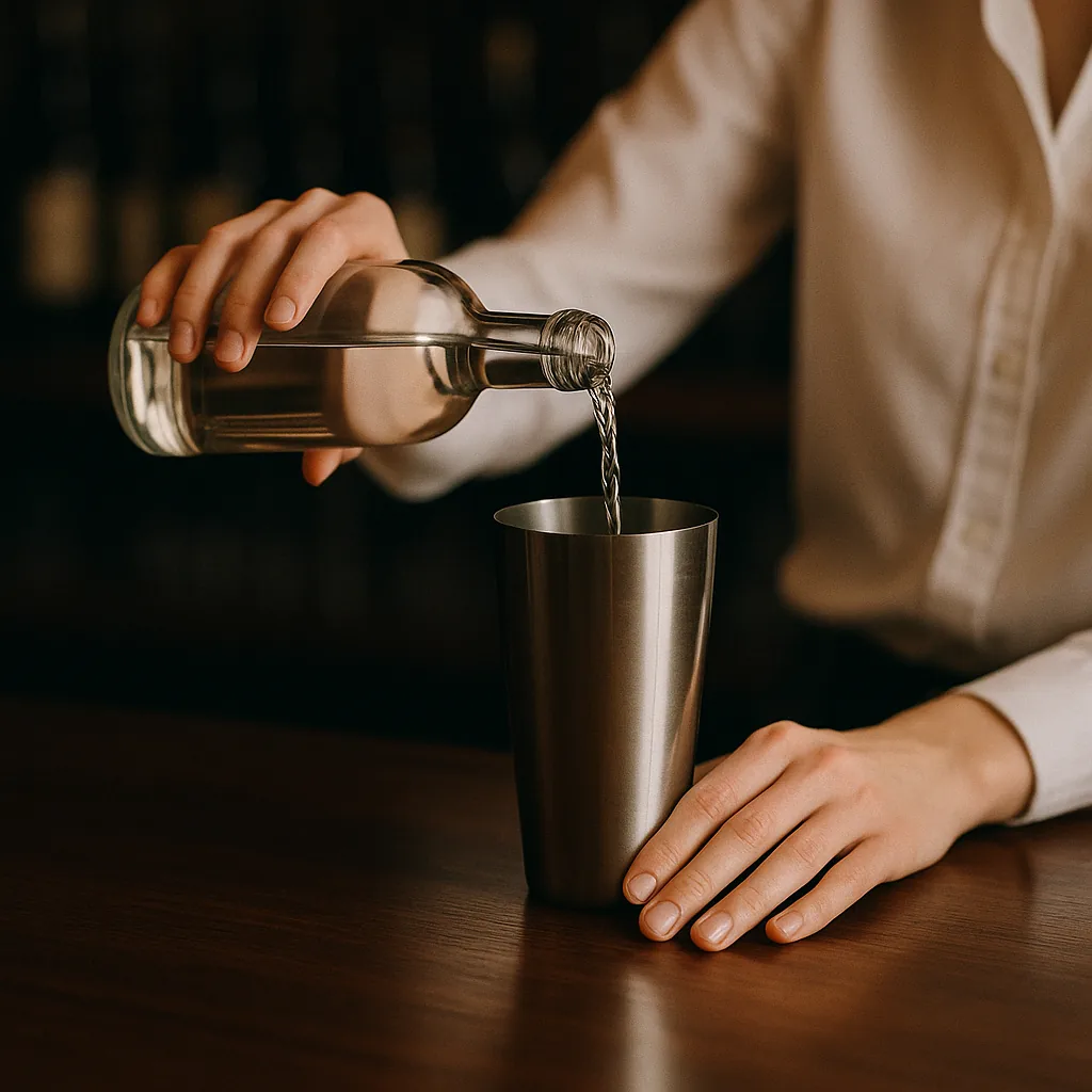 Pouring a clear colourless spirit from a plain blank bottle into a metal cocktail shaker standing on a dark walnut bar top.