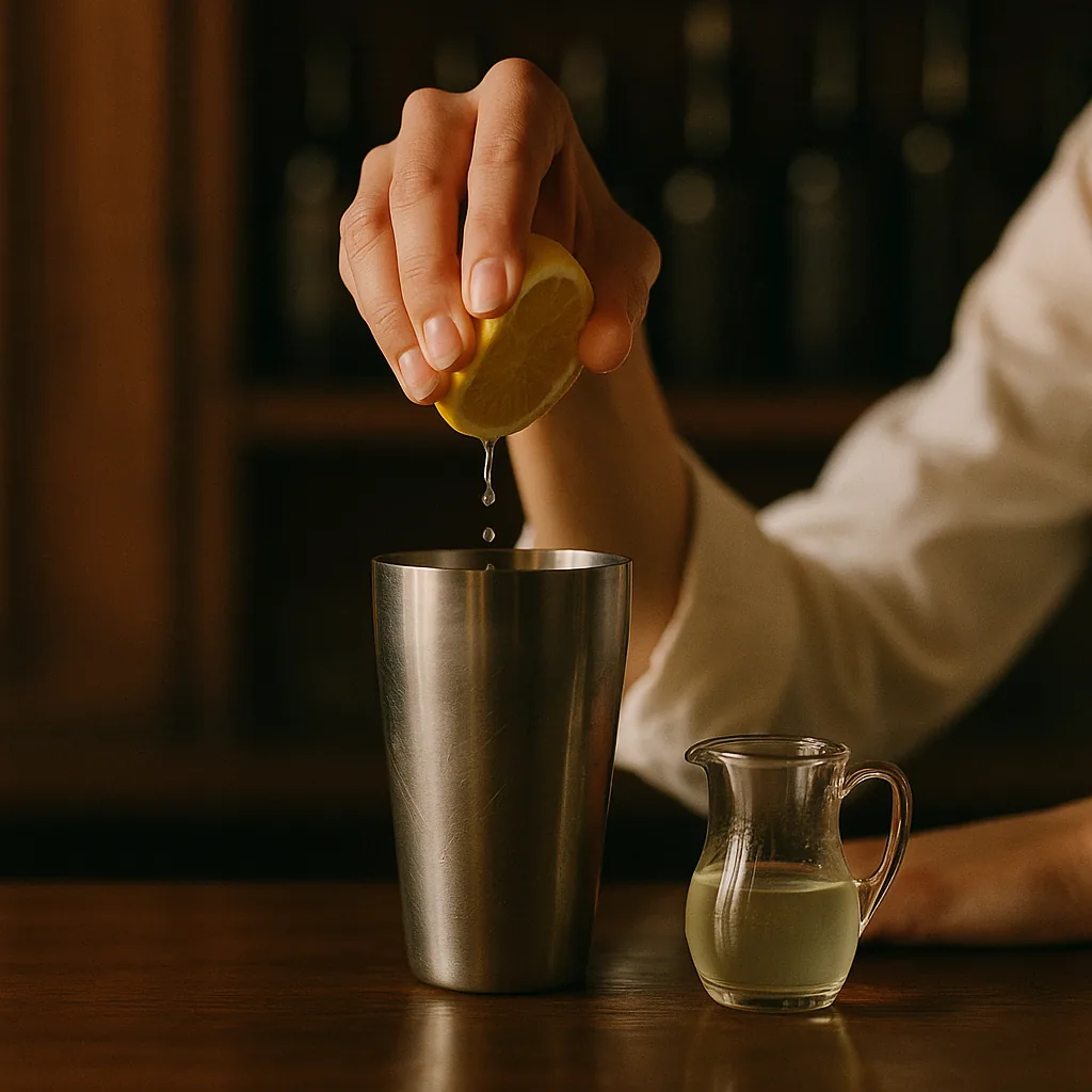A cut half lemon being squeezed over the shaker, juice running in, a small plain jug of clear syrup standing beside it.