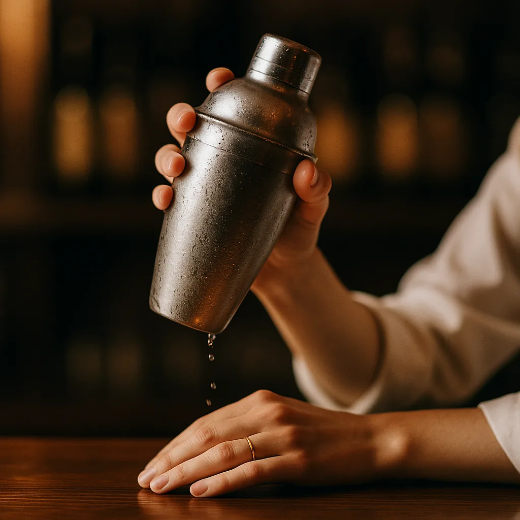 A sealed metal cocktail shaker held raised just after a hard shake, heavily frosted and beaded with condensation.