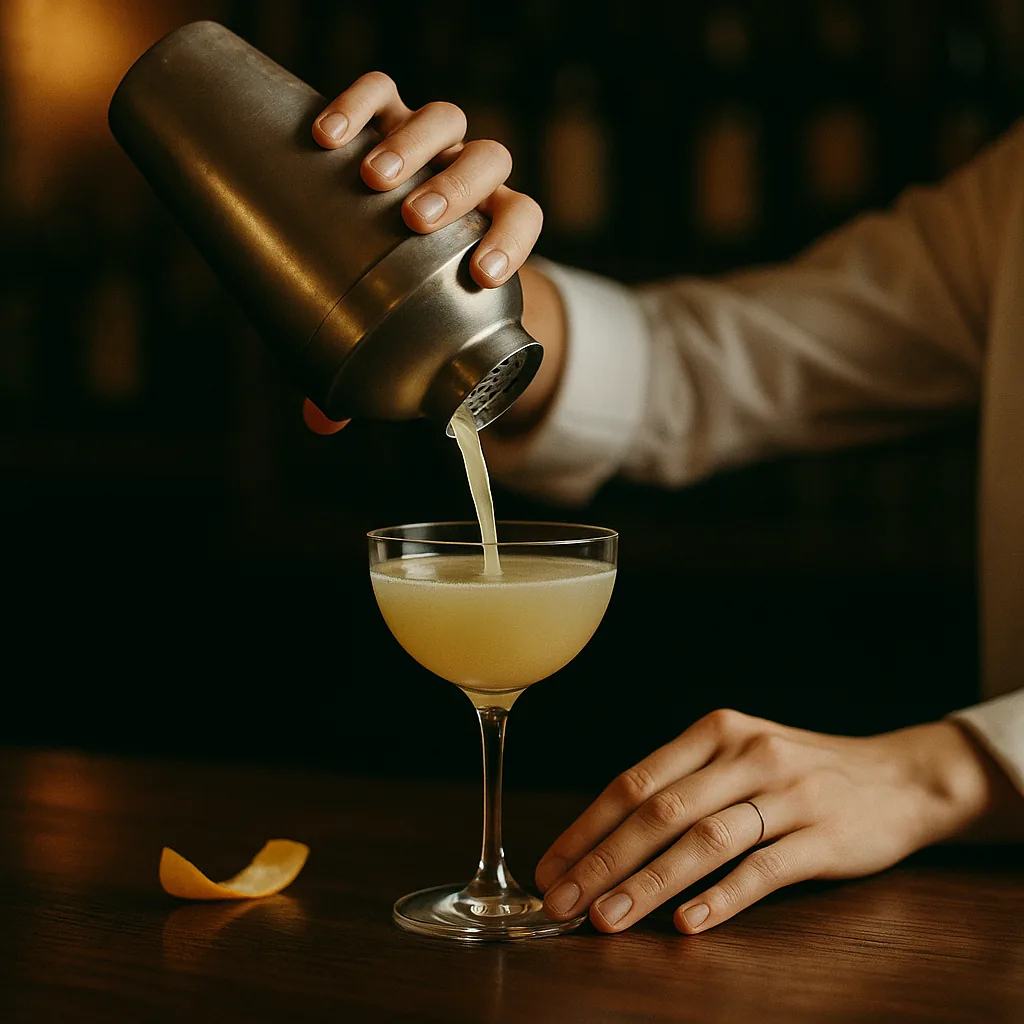Straining a cloudy pale-gold drink from the shaker into a chilled stemmed coupe, a strip of lemon peel resting on the bar beside it.