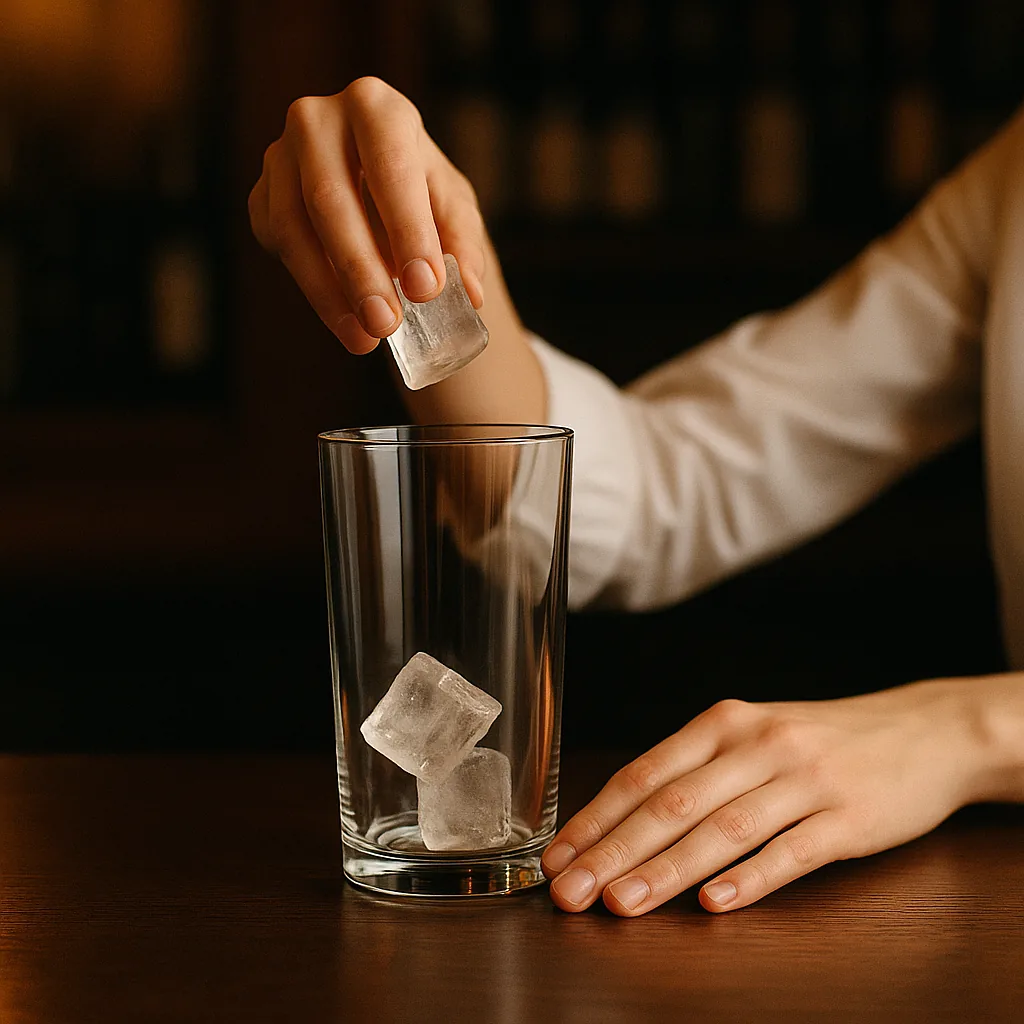Ice cubes being dropped into a tall straight-sided mixing glass on a dark walnut bar top.