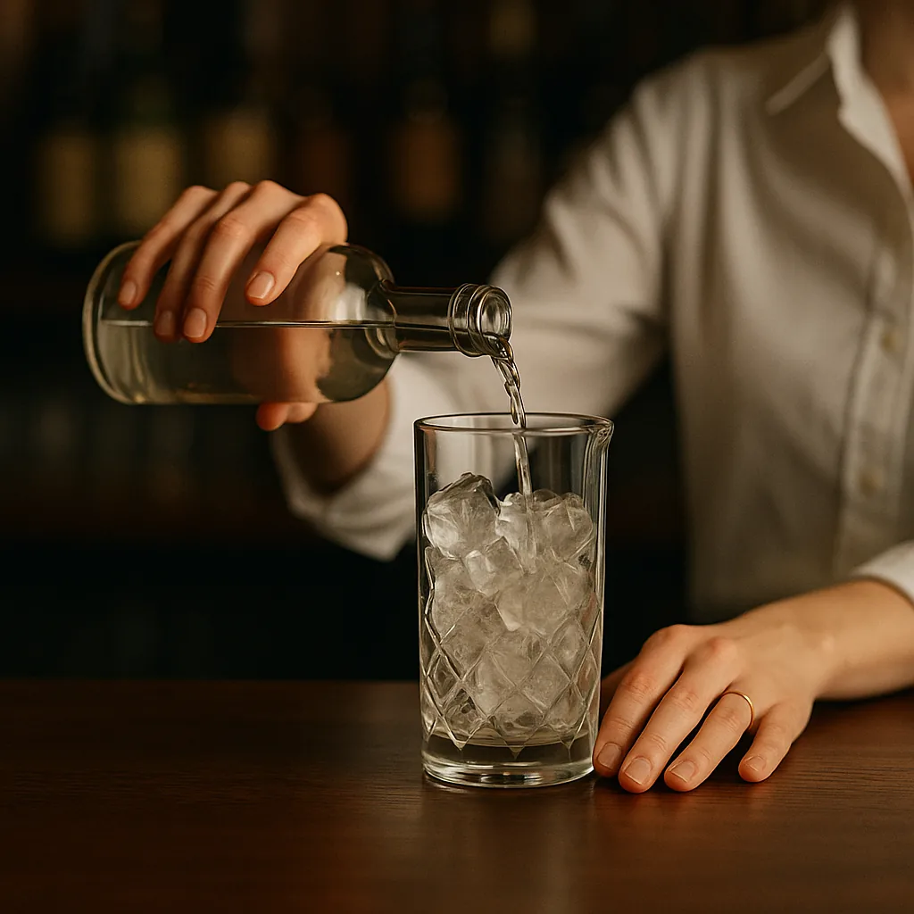 Pouring a clear colourless spirit from a plain blank bottle into the iced mixing glass, about half a glassful.