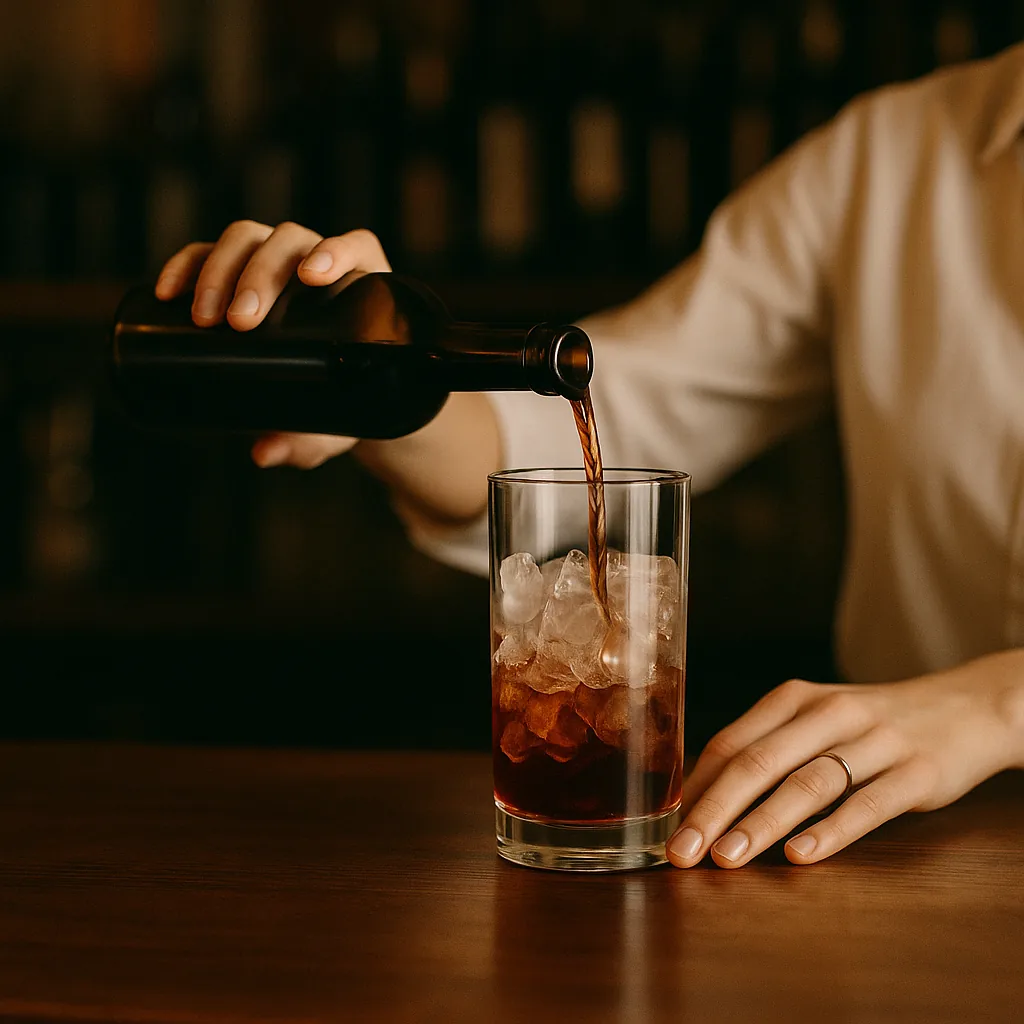 Pouring a dark red-brown fortified wine from a second plain blank bottle into the same mixing glass, matching the first pour.