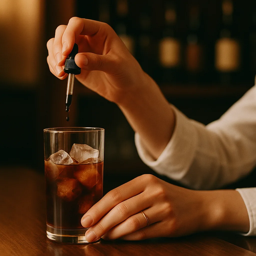 A few dark drops falling from a small plain blank dropper bottle into the mixing glass of ice and dark liquid.