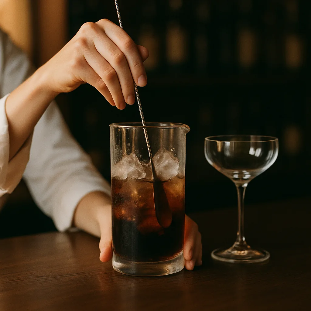 A long-handled bar spoon turning inside the mixing glass, frost forming on the outside, an empty stemmed glass waiting beside it.