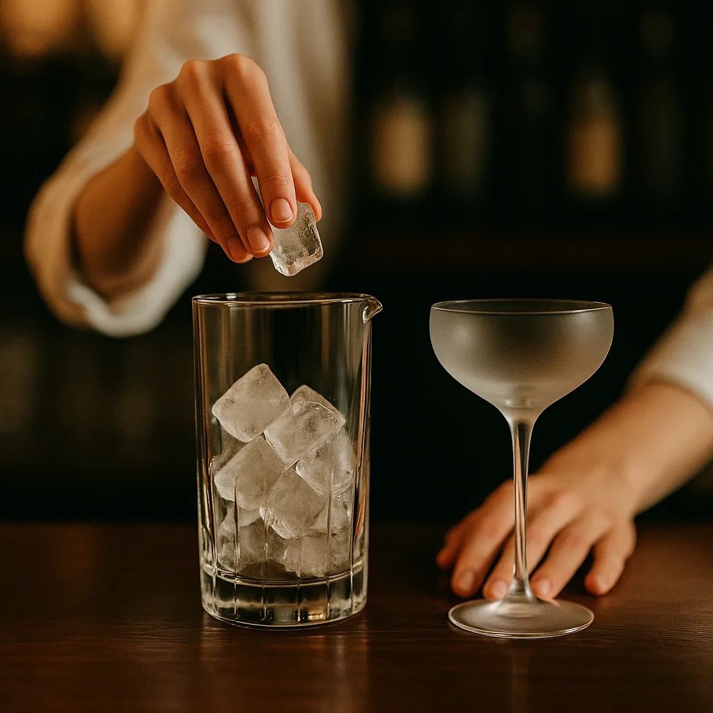 A tall mixing glass being filled with ice on the bar, a frosted stemmed glass standing ready beside it.