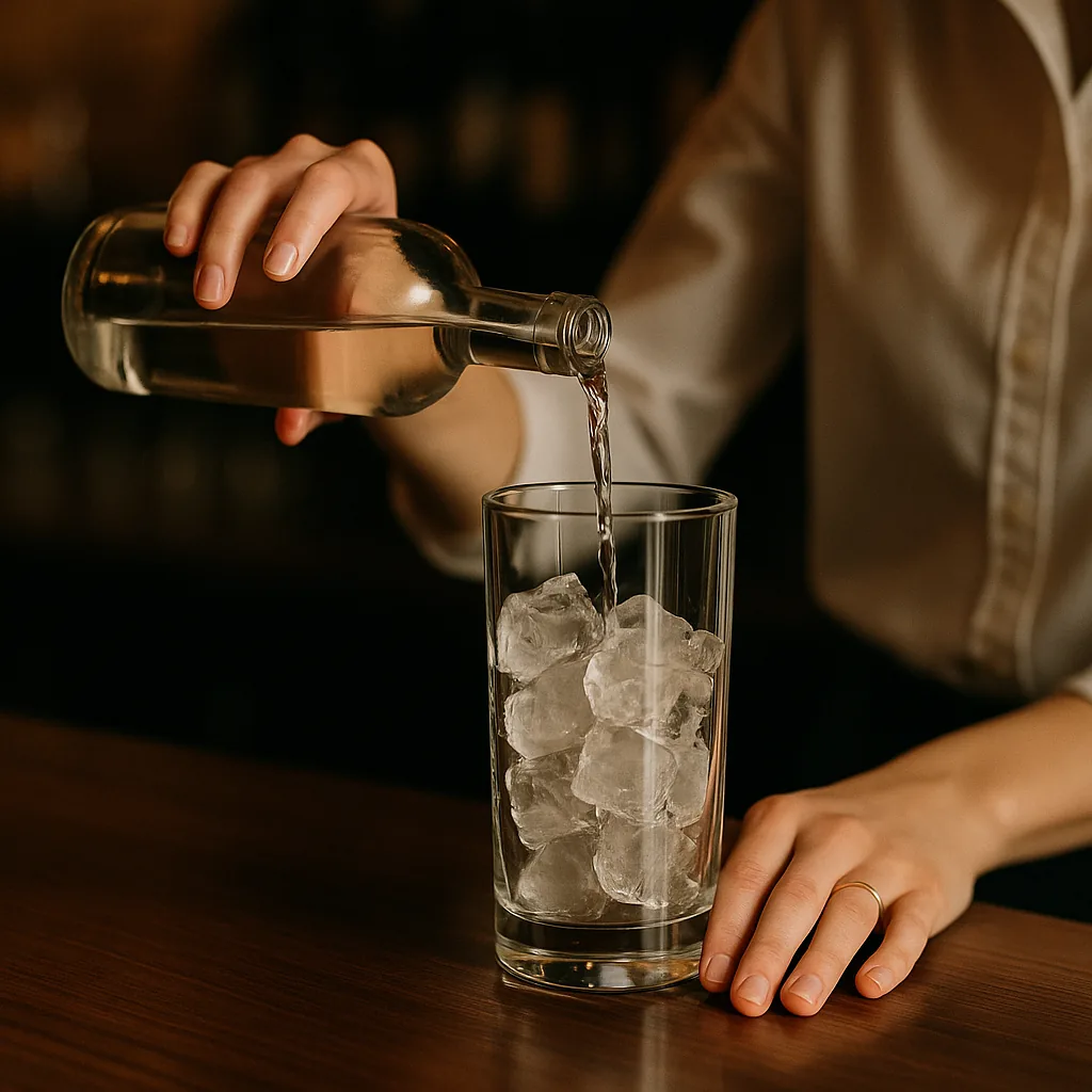 Pouring a clear colourless spirit from a plain blank bottle into the iced mixing glass.
