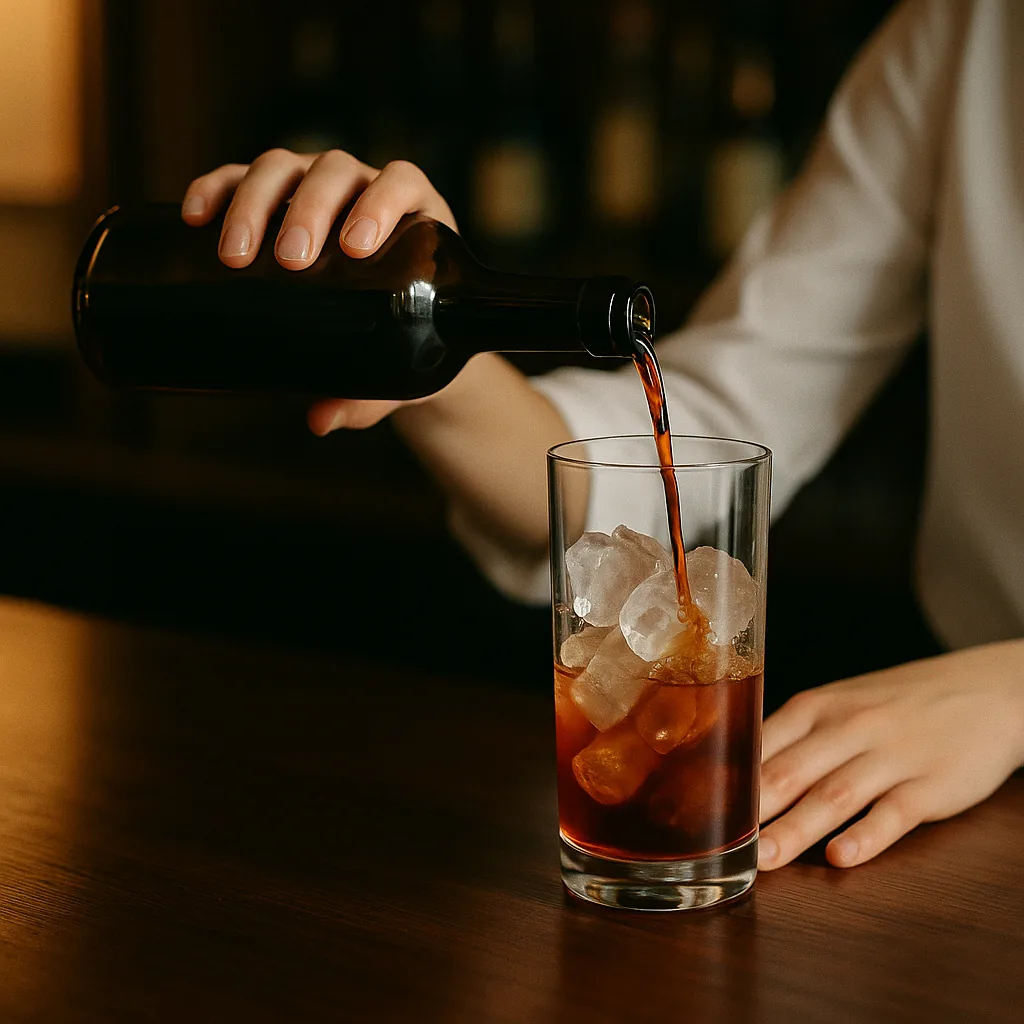 Pouring a dark red-brown fortified wine from a plain blank bottle into the same mixing glass, matching the gin exactly.