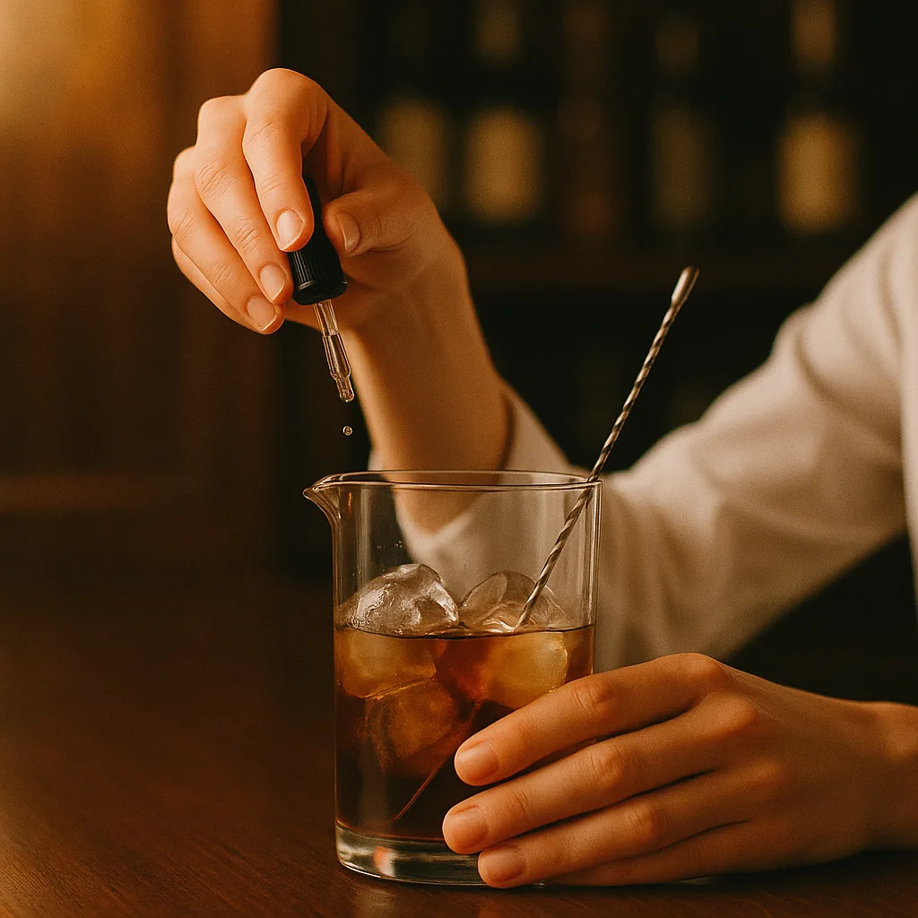Two drops falling from a small plain blank dropper bottle into the mixing glass, a bar spoon resting in the liquid.