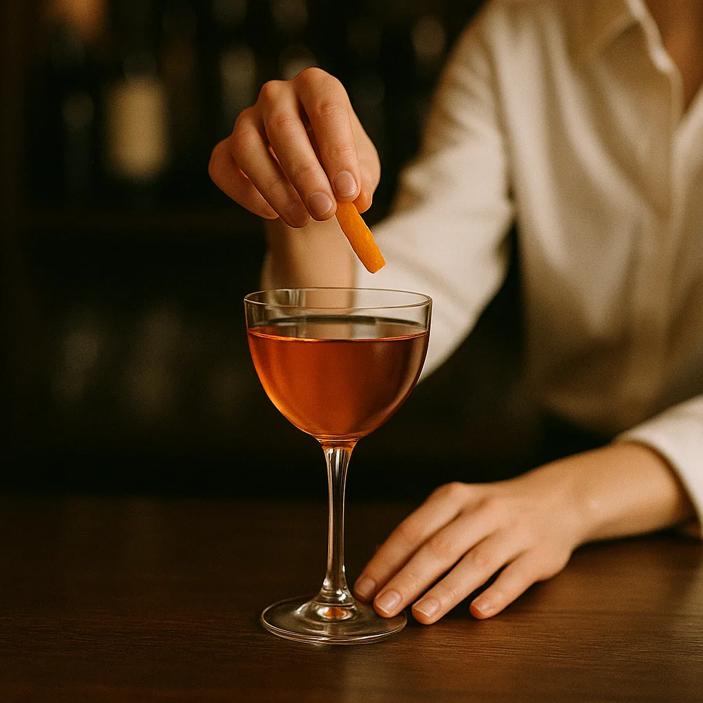 A twist of orange zest being dropped onto a stemmed glass of clear amber-rose drink with no ice in it.