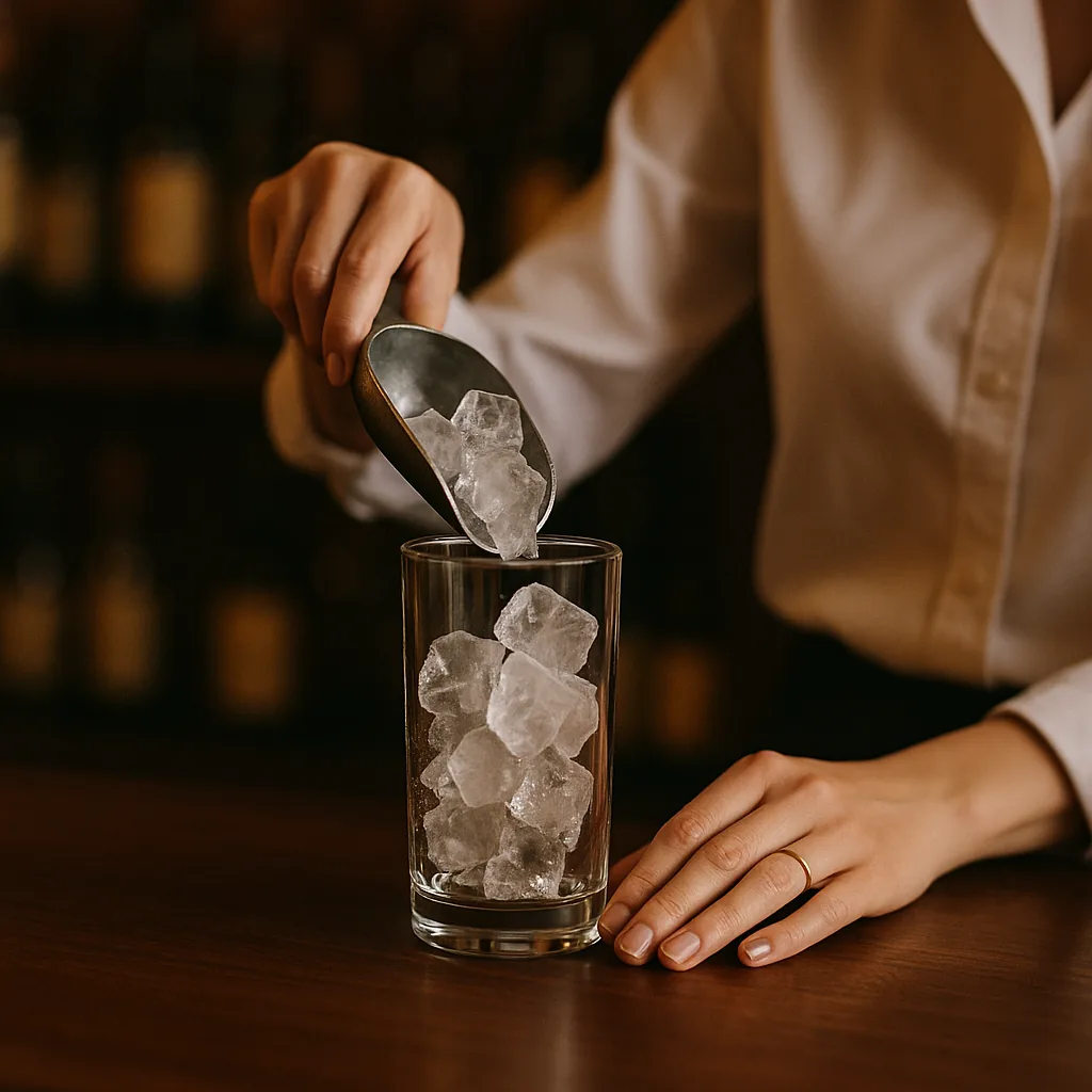 Ice being tipped from a scoop into a tall mixing glass on the bar.