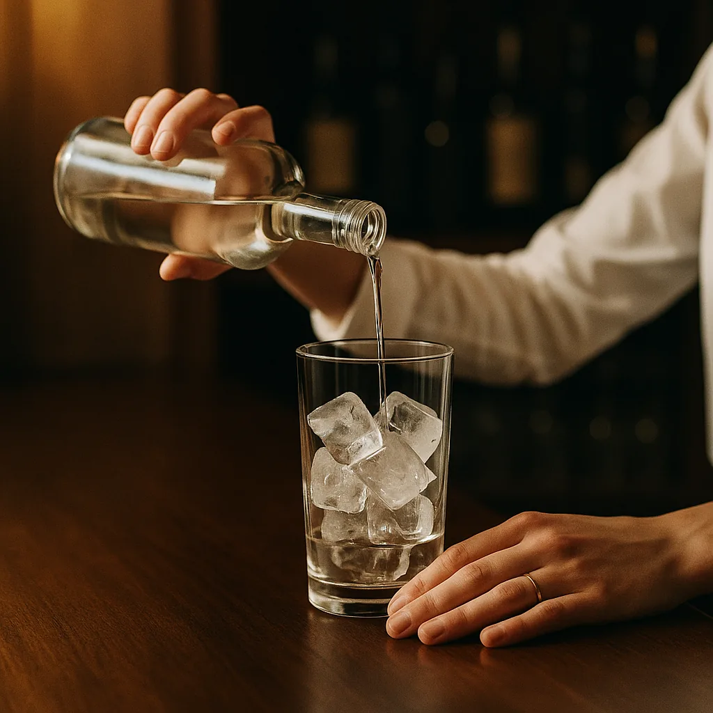 A short pour of a clear spirit from a plain blank bottle into the mixing glass — plainly a small measure.