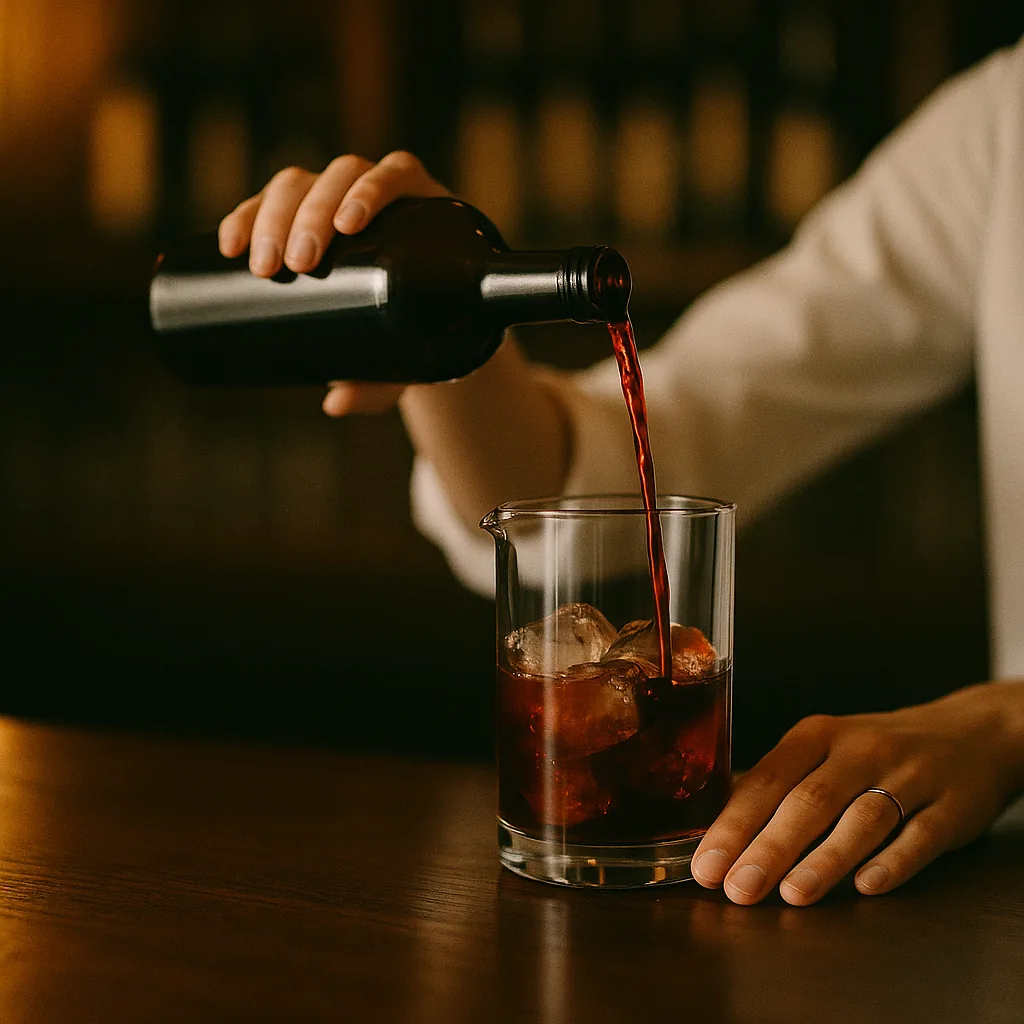 A long pour of dark red-brown fortified wine from a plain blank bottle into the same mixing glass, roughly twice the previous measure.