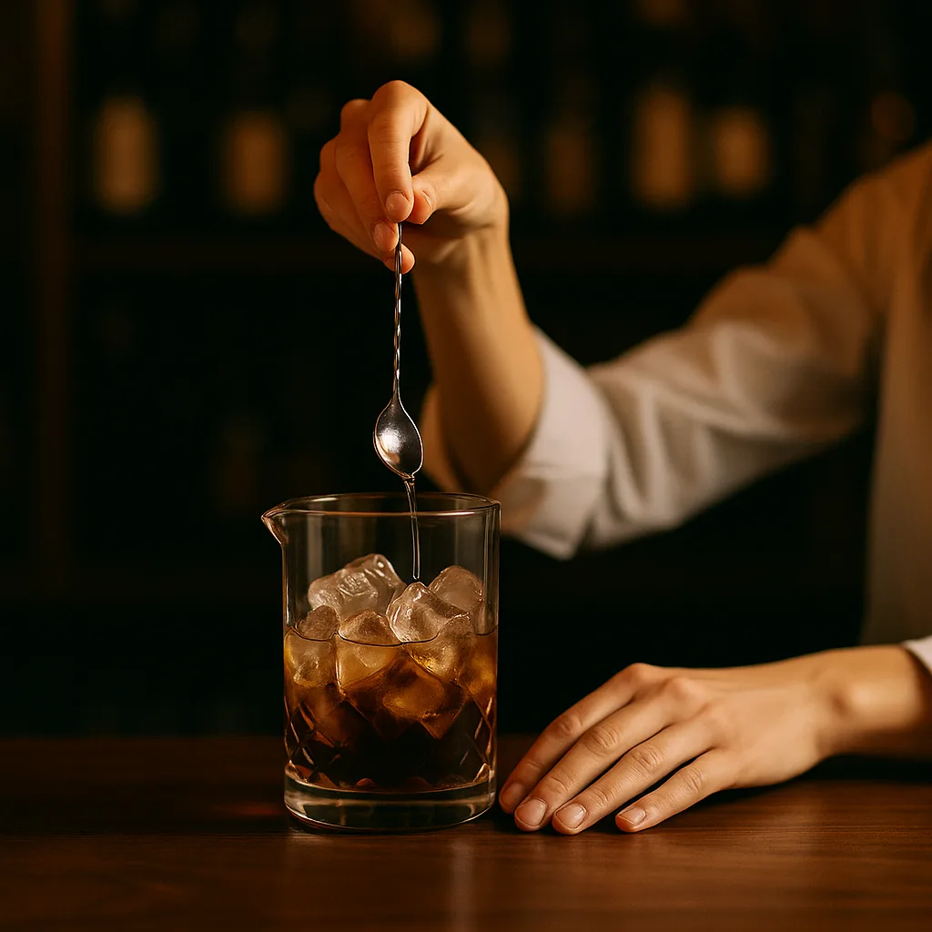A bar spoon of clear cherry liqueur being tipped into the mixing glass of ice and dark liquid.