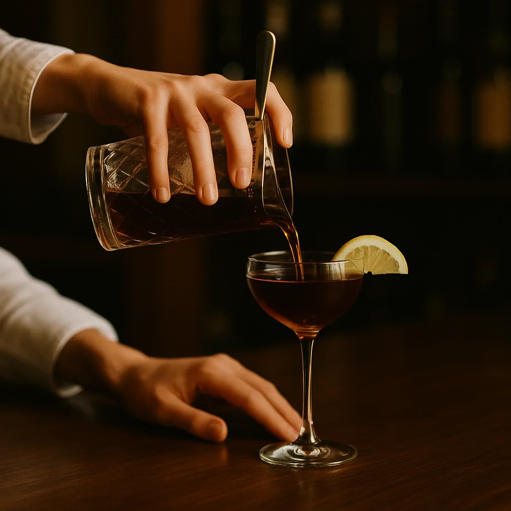 Straining a dark glossy drink into a stemmed glass, a slice of lemon resting against the rim.
