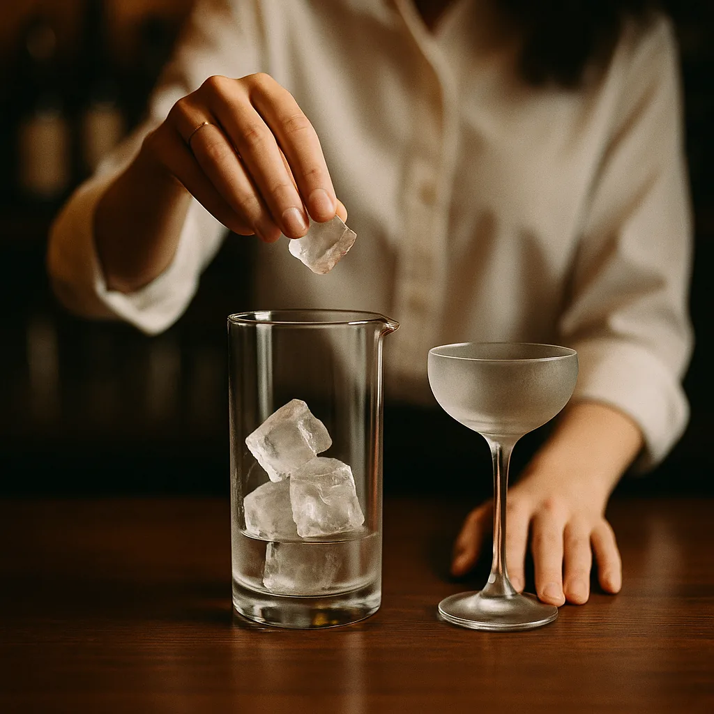 Ice cubes filling a tall mixing glass on the bar, a chilled stemmed cocktail glass standing ready beside it.