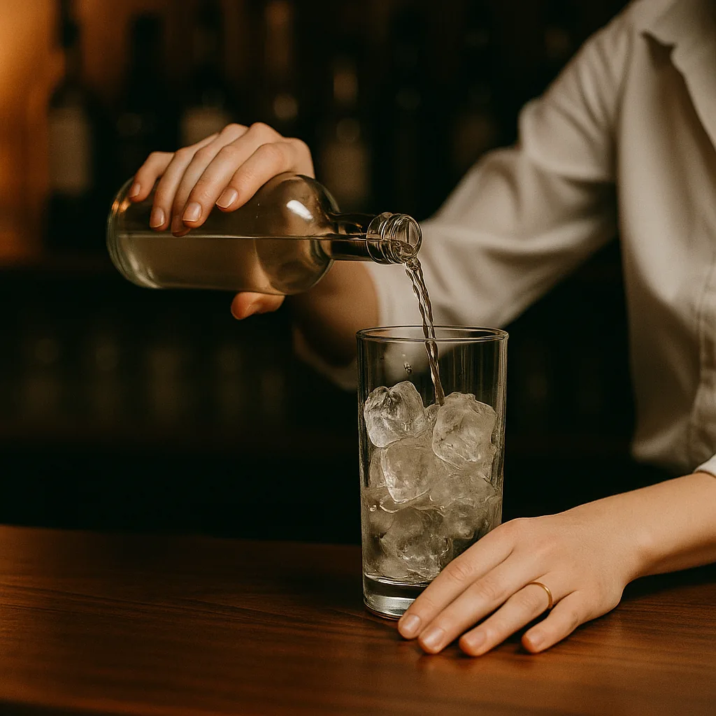 A long steady pour of a clear colourless spirit from a plain blank bottle into the iced mixing glass.