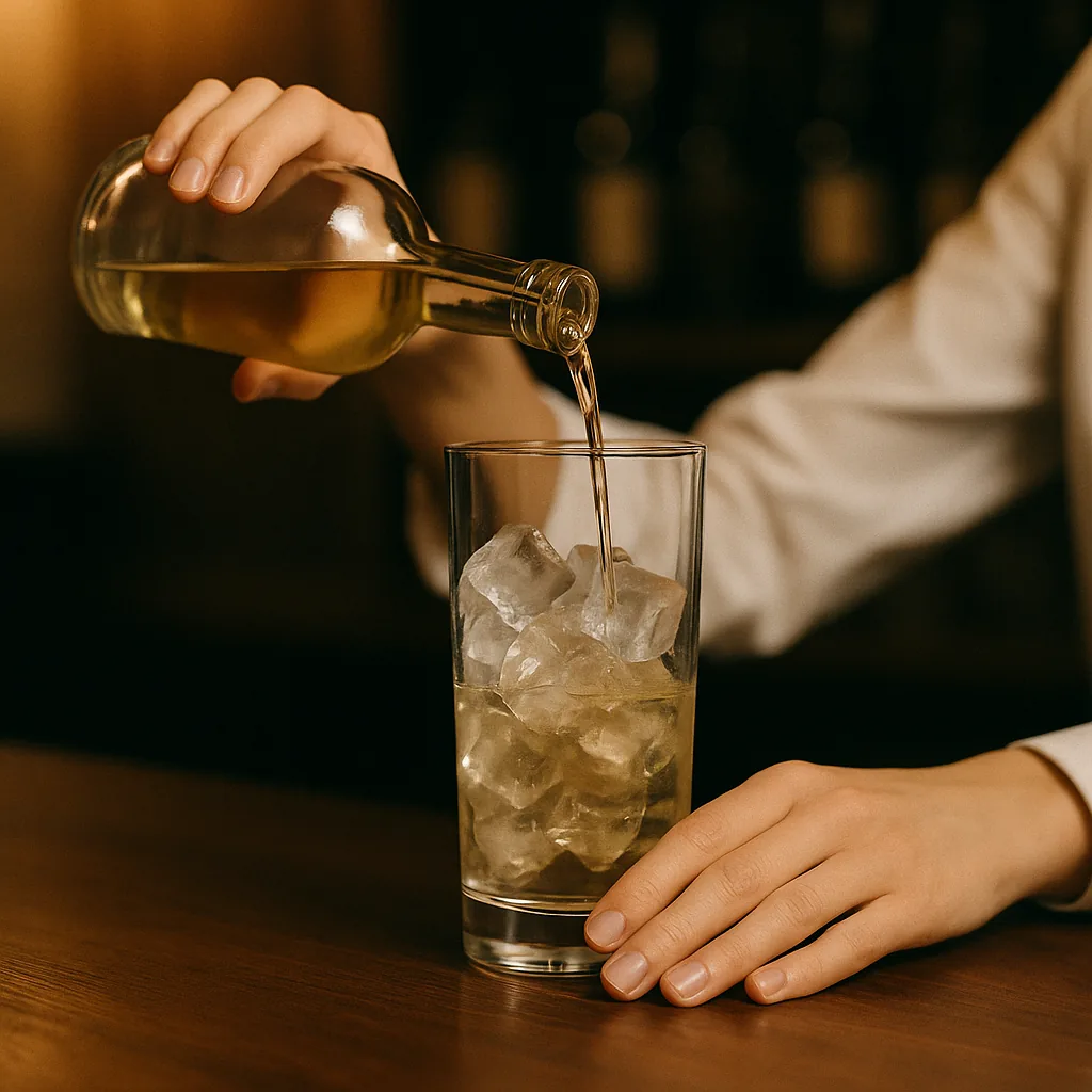 A very short pour of a pale straw fortified wine from a plain blank bottle into the same mixing glass — a fraction of what went before.