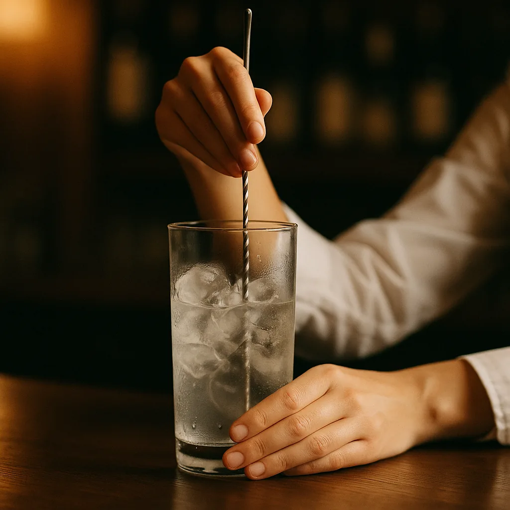 A bar spoon turning smoothly inside the mixing glass, heavy frost and condensation on the glass.
