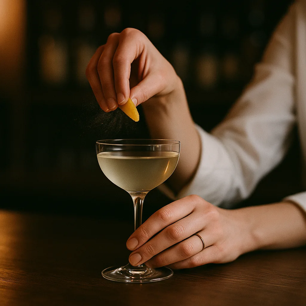 A strip of lemon peel being squeezed skin-outward over a filled stemmed cocktail glass of clear pale drink, a fine mist of oil catching the light.