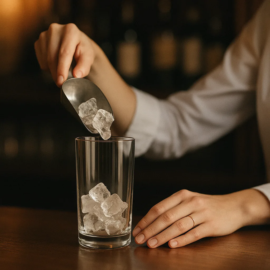 Cracked ice being tipped into a tall straight-sided mixing glass standing on a dark walnut bar top.