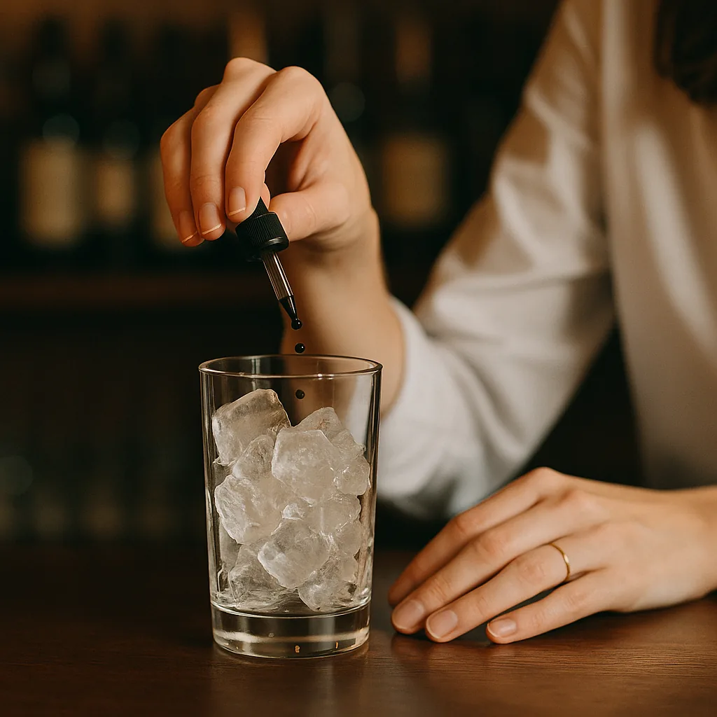 A few dashes of a dark syrup and a few dashes of bitters falling from a small plain blank dropper bottle into the iced mixing glass.