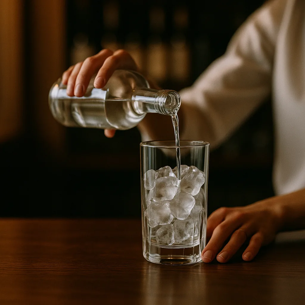 Pouring a clear spirit from a plain blank bottle into the mixing glass, filling it about halfway.