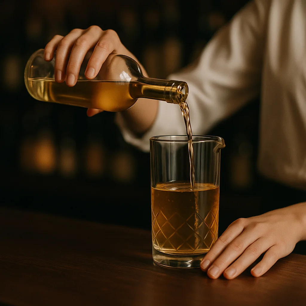 Pouring a pale golden fortified wine from a second plain blank bottle into the same mixing glass, bringing it level with the gin.