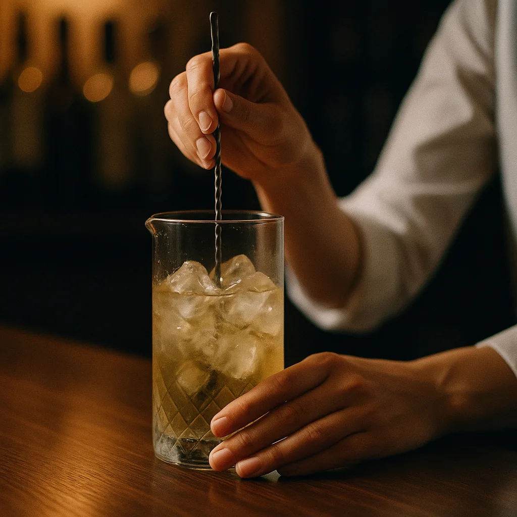 A long-handled bar spoon turning inside the mixing glass, the ice moving smoothly, condensation running down the outside.