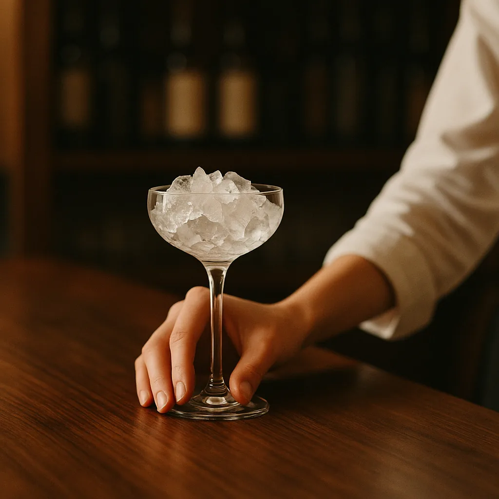 An empty stemmed cocktail glass sitting alone on the bar, packed with ice to chill it.