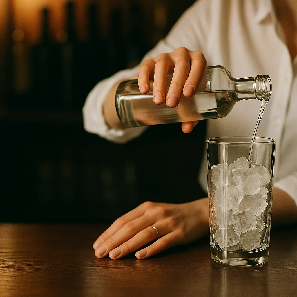 Pouring a clear colourless spirit from a plain blank bottle into a separate mixing glass full of ice.