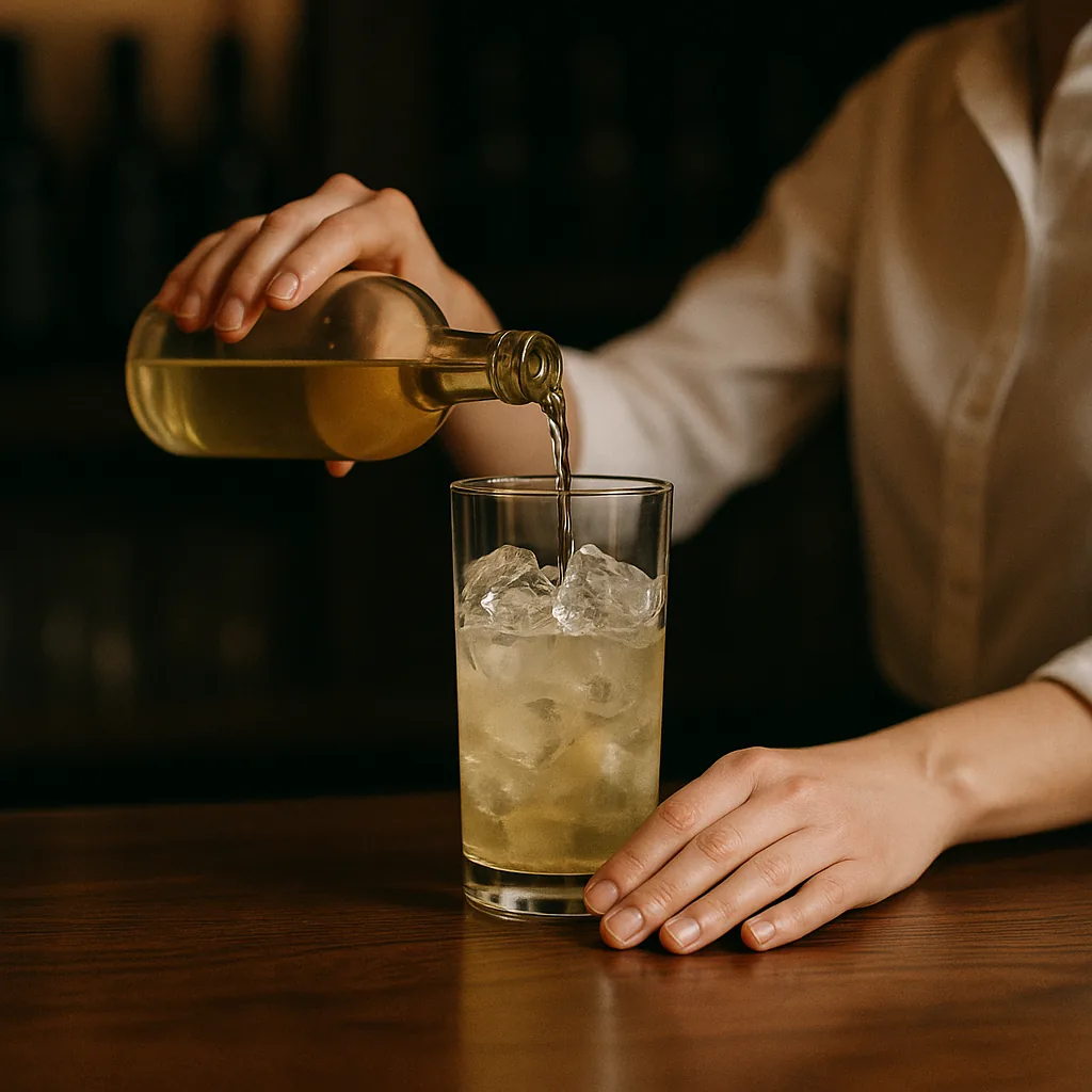 Pouring a pale straw fortified wine from a second plain blank bottle into the mixing glass, roughly half as much as went in before.
