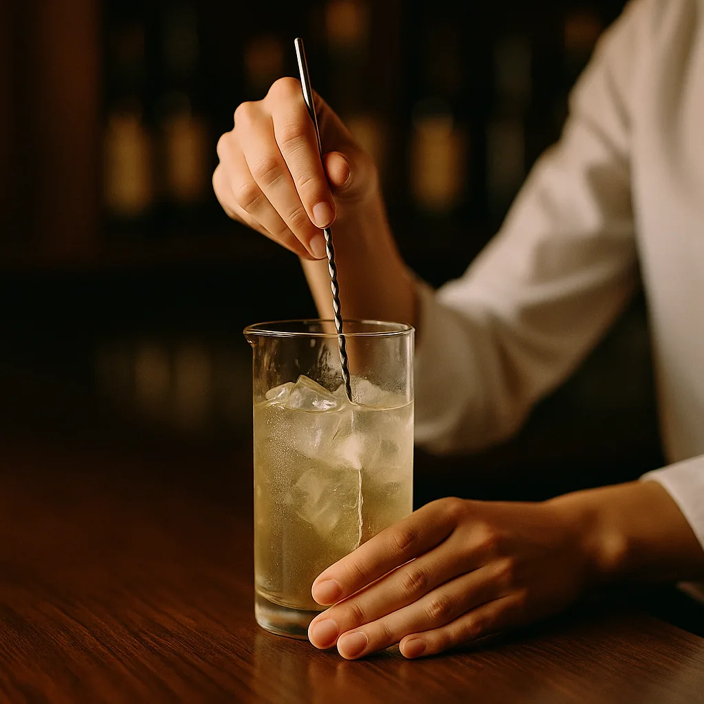 A bar spoon turning steadily inside the mixing glass, frost forming on the outside.