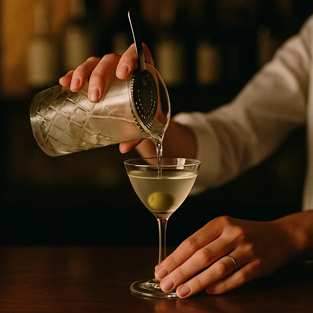 Straining a clear pale drink from the mixing glass into the now-emptied stemmed cocktail glass, with a green olive waiting on a cocktail pick beside it.