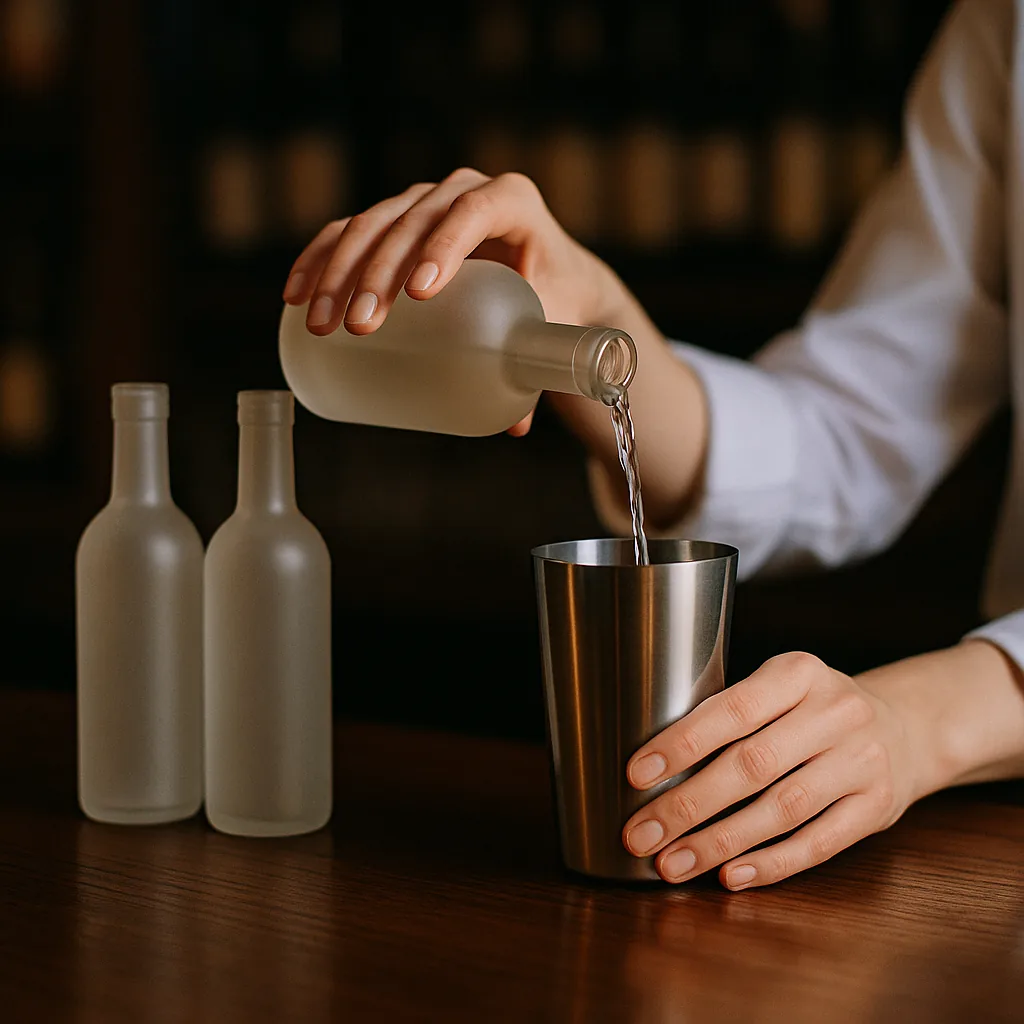 Pouring from a plain blank bottle into the metal shaker. Two more plain blank bottles stand beside it.
