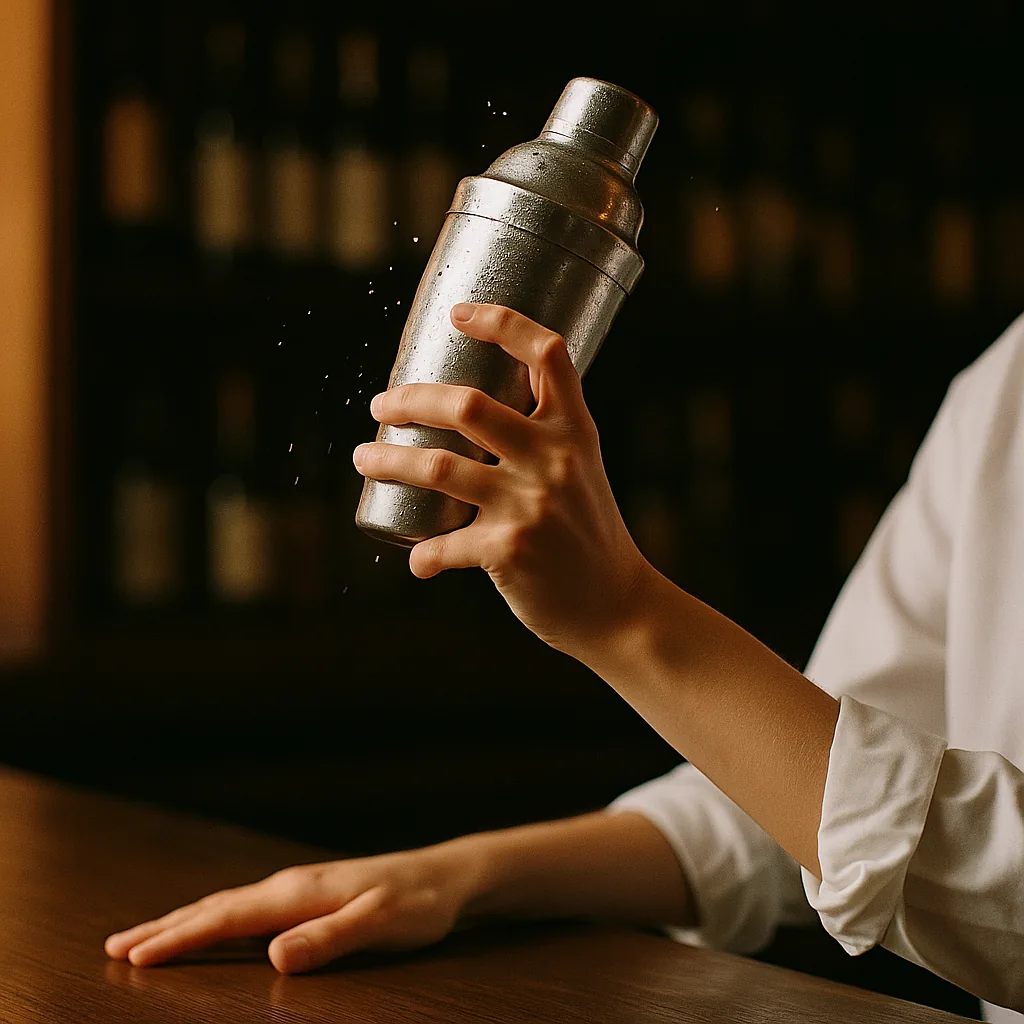 A sealed two-piece metal cocktail shaker held mid-shake, blurred with motion, frost forming on the metal. The bar top is empty apart from the shaker — no glass, no poured drink, nothing else standing on it.