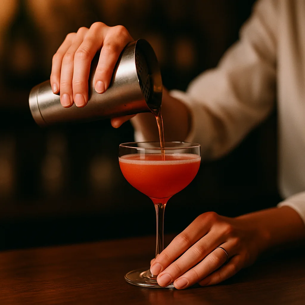 Straining from the metal shaker into a stemmed cocktail glass. The liquid is cloudy and opaque, a milky red-orange rather than a clear red, with a pale foamy edge where it meets the side of the glass and tiny crystals of ice riding in it.