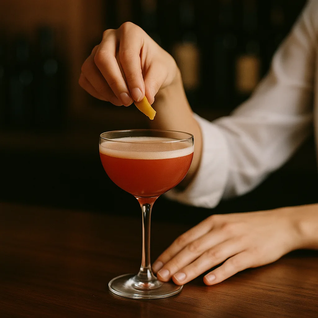 A twist of lemon zest being dropped onto the surface of the cloudy drink in the stemmed glass.