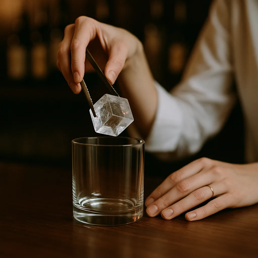 A large clear ice cube held in bar tongs, being lowered into an empty heavy short tumbler standing on a dark walnut bar top. Close in on the hands and the glass.