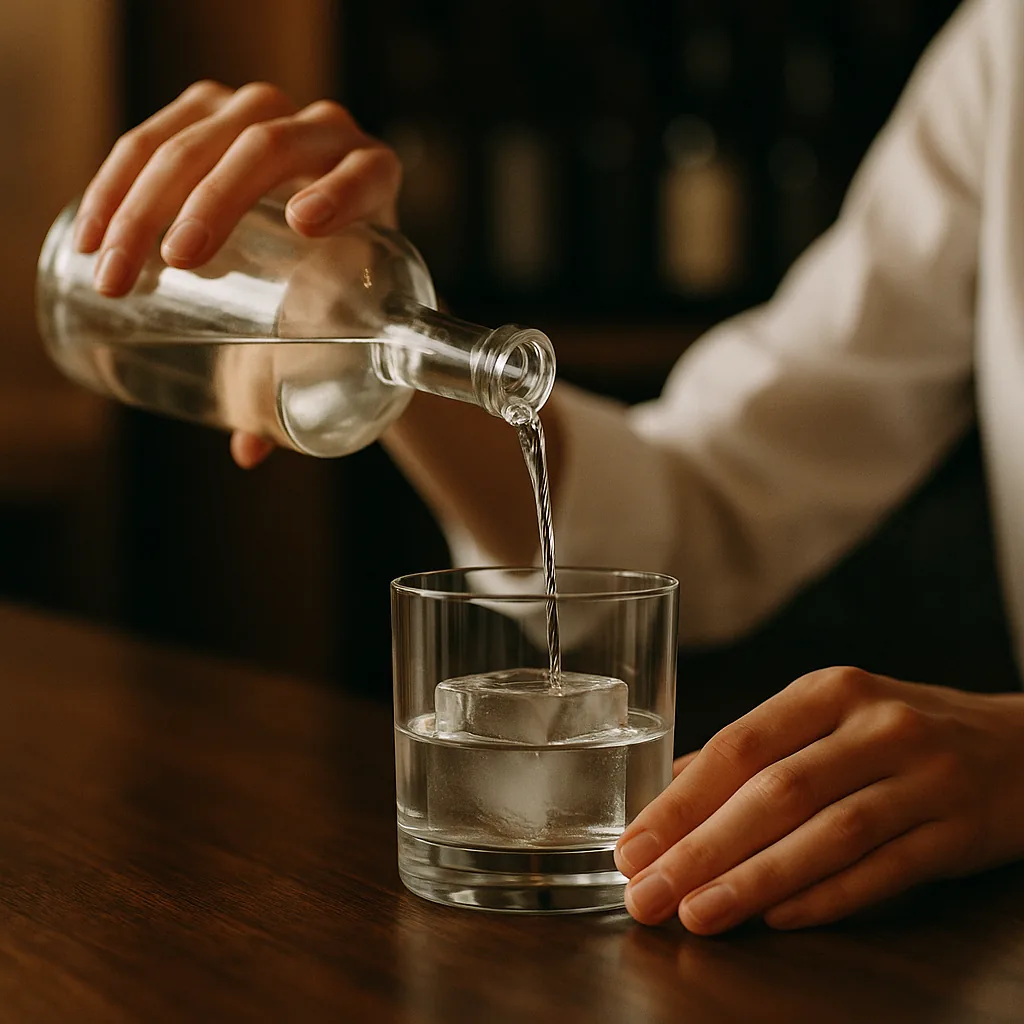 Pouring a clear colourless spirit from a plain blank glass bottle into the tumbler, over the ice. The tumbler holds ONLY the clear ice cube and clear colourless liquid — nothing red, nothing coloured, no other drink in it yet. Steady and measured, the stream catching the light.