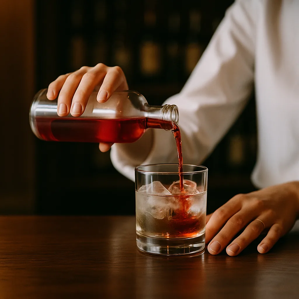 Pouring a vivid red liqueur from a plain blank bottle into the same tumbler. The red sinks through the clear spirit in ribbons.