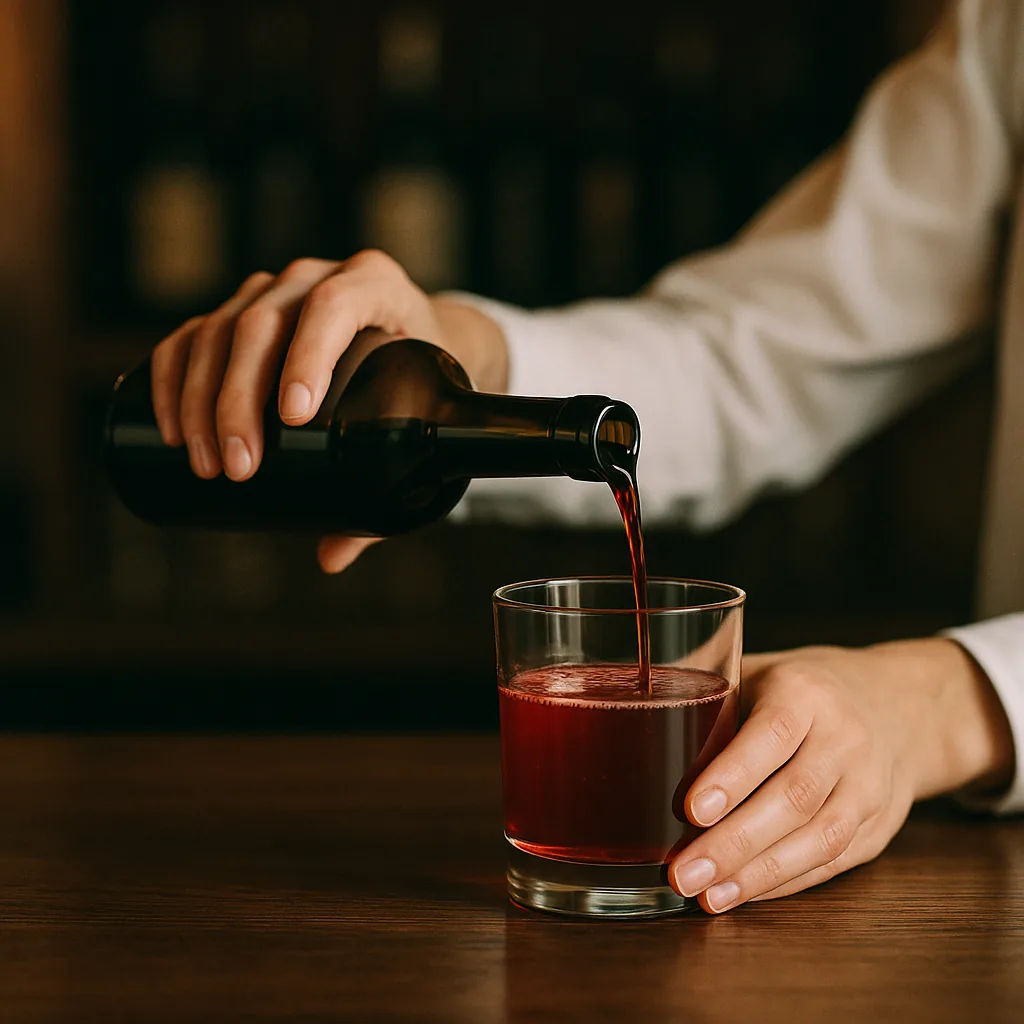 Pouring a thin stream of dark red-brown fortified wine from a plain blank bottle into the tumbler, which is already two thirds full of vivid red liquid. The drink in the glass stays vivid red — it does not turn brown, amber or muddy.