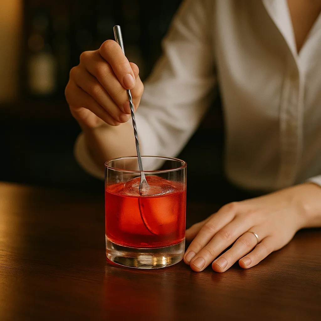A long-handled bar spoon turning slowly inside the tumbler, two fingers rolling the shaft of the spoon. Condensation beading on the outside of the glass.