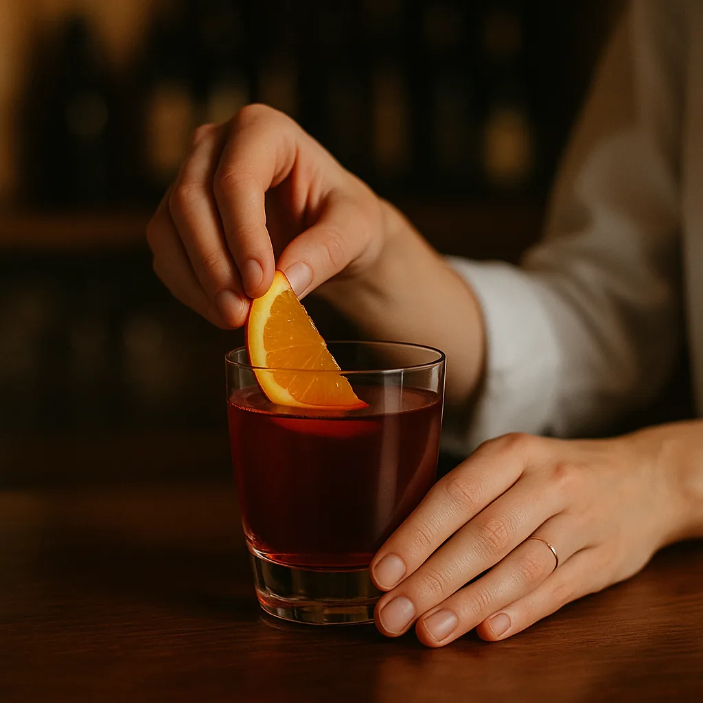 A half moon of orange — deep orange rind, orange flesh, not yellow and not a lemon — being laid against the inside rim of the finished deep red drink.