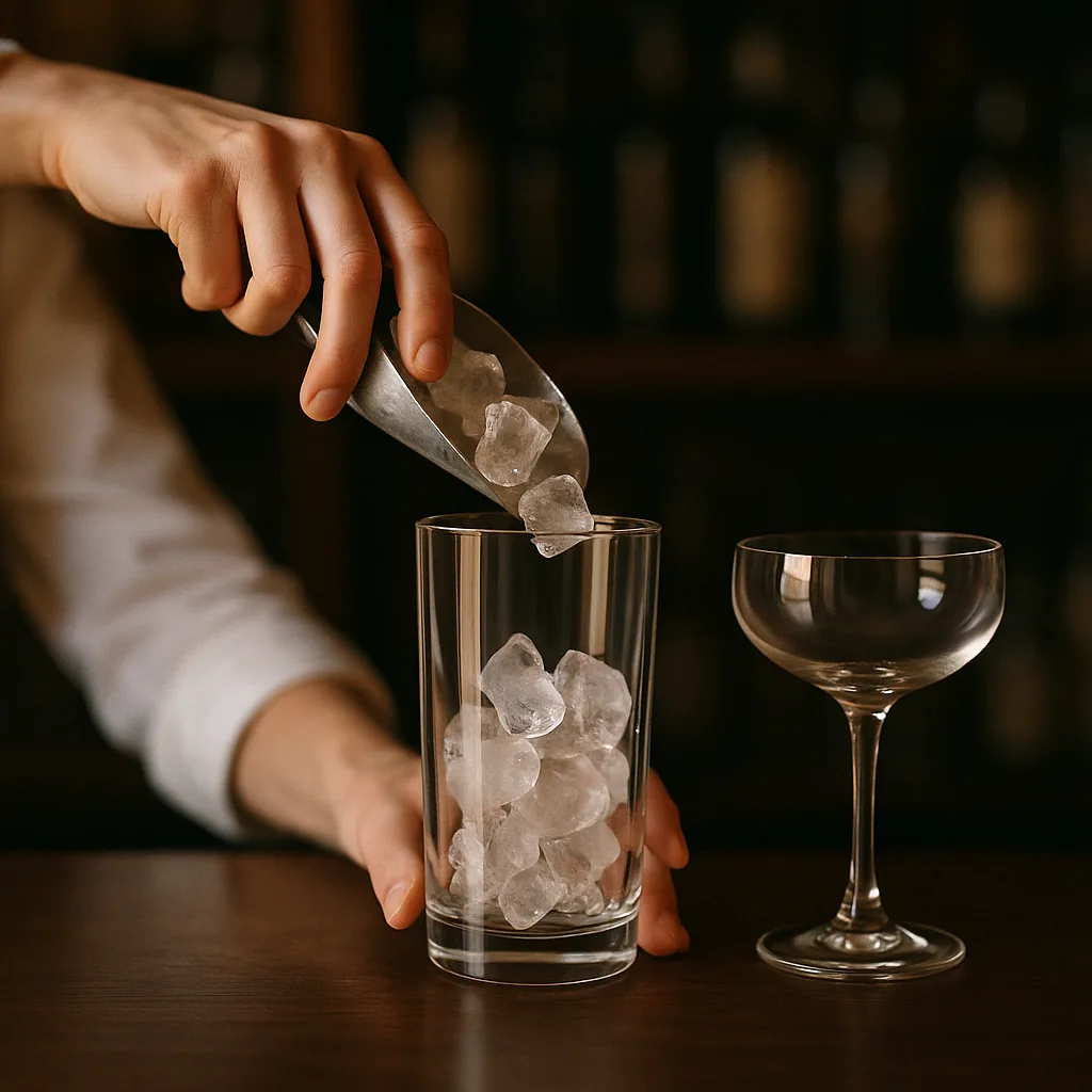 Cracked ice being tipped into a tall straight-sided mixing glass on the bar. An empty stemmed cocktail glass waits beside it.