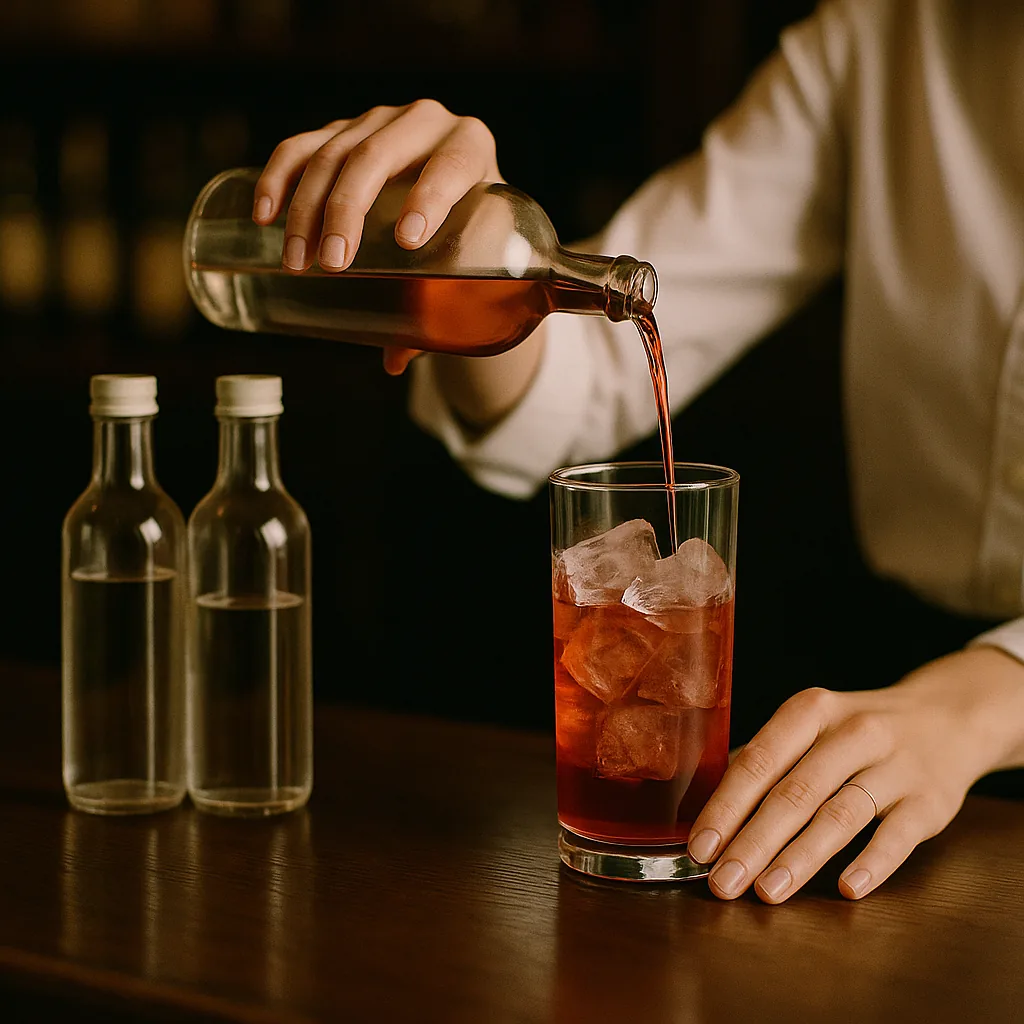 Three plain blank bottles standing together on the bar. Pouring from one of them into the mixing glass; the liquid inside turns pink, then red.