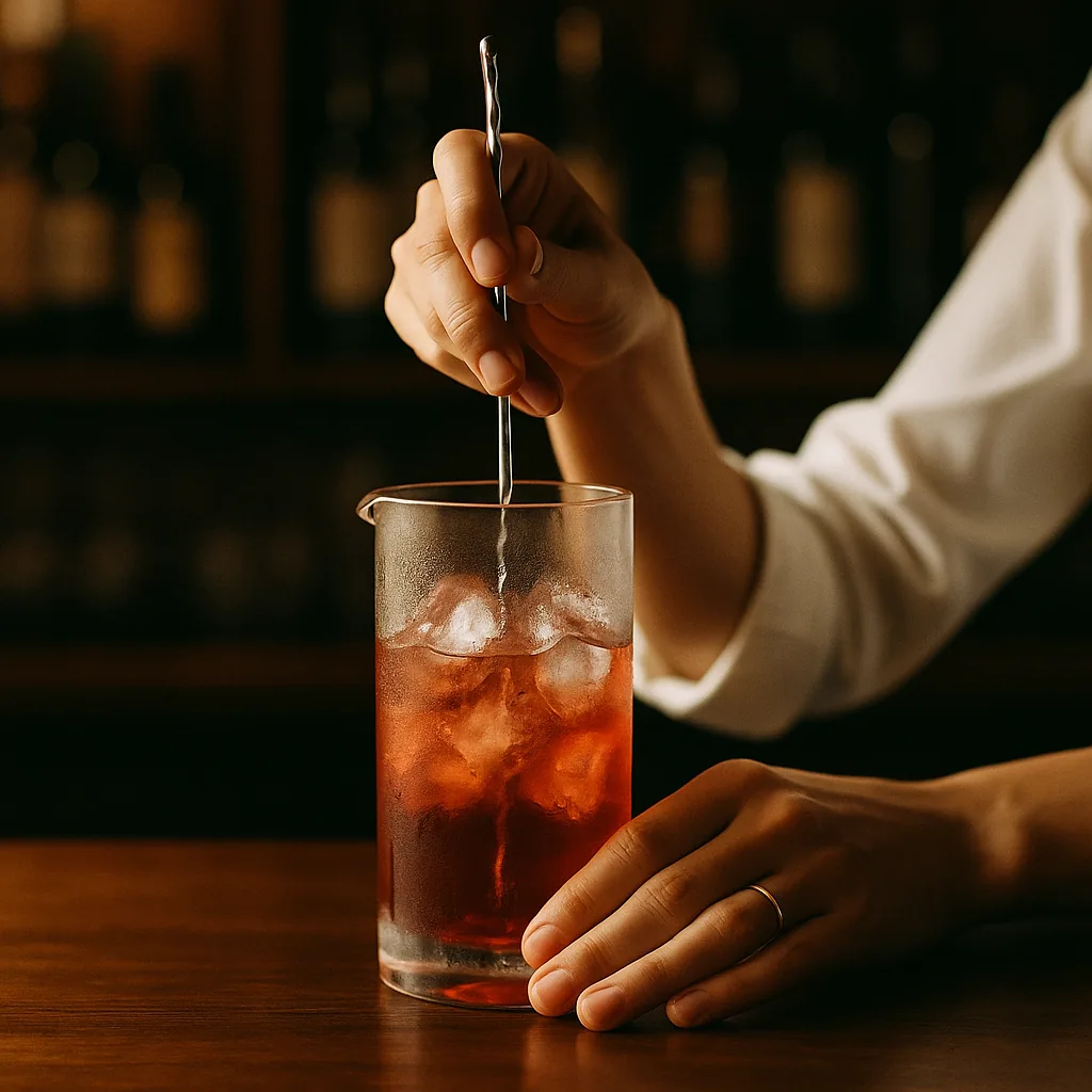 A bar spoon spinning inside the mixing glass, the ice turning smoothly, condensation beading down the outside of the glass.